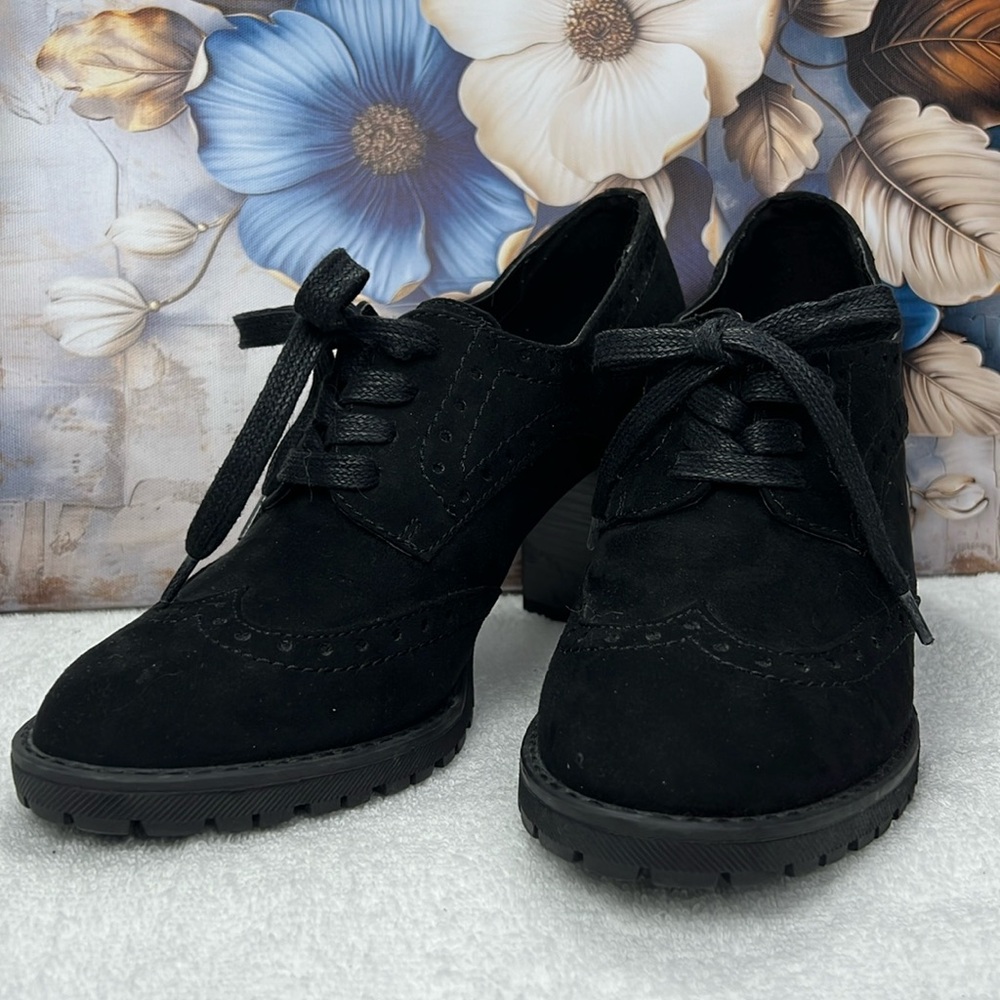 Sophie17, black suede, lace up, chunky heels